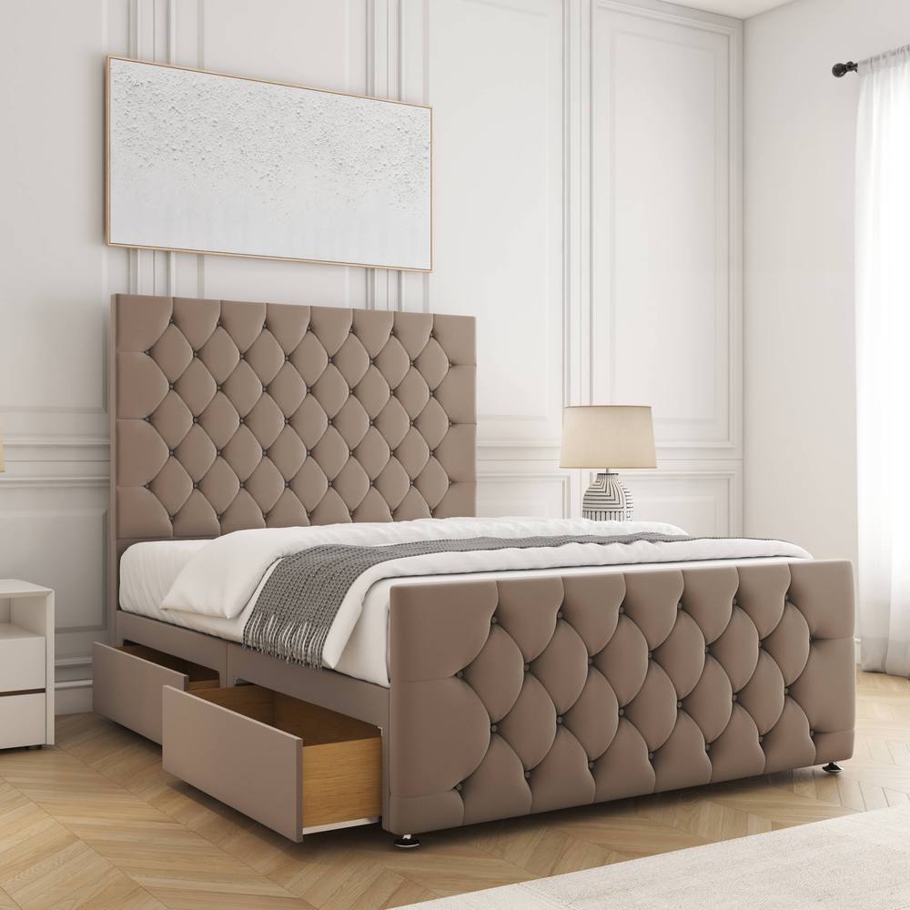 BSSPOKE Maya Velvet Divan Bed 54"Headboard & 20"Footboard 4Drawers & Mattress in Bronze | Size: King