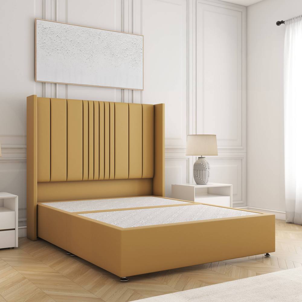 BSSPOKE Charlotte Divan Bed Plush Velvet 54"Headboard & No Mattress No Drawers in Mustard | Size: Small Double