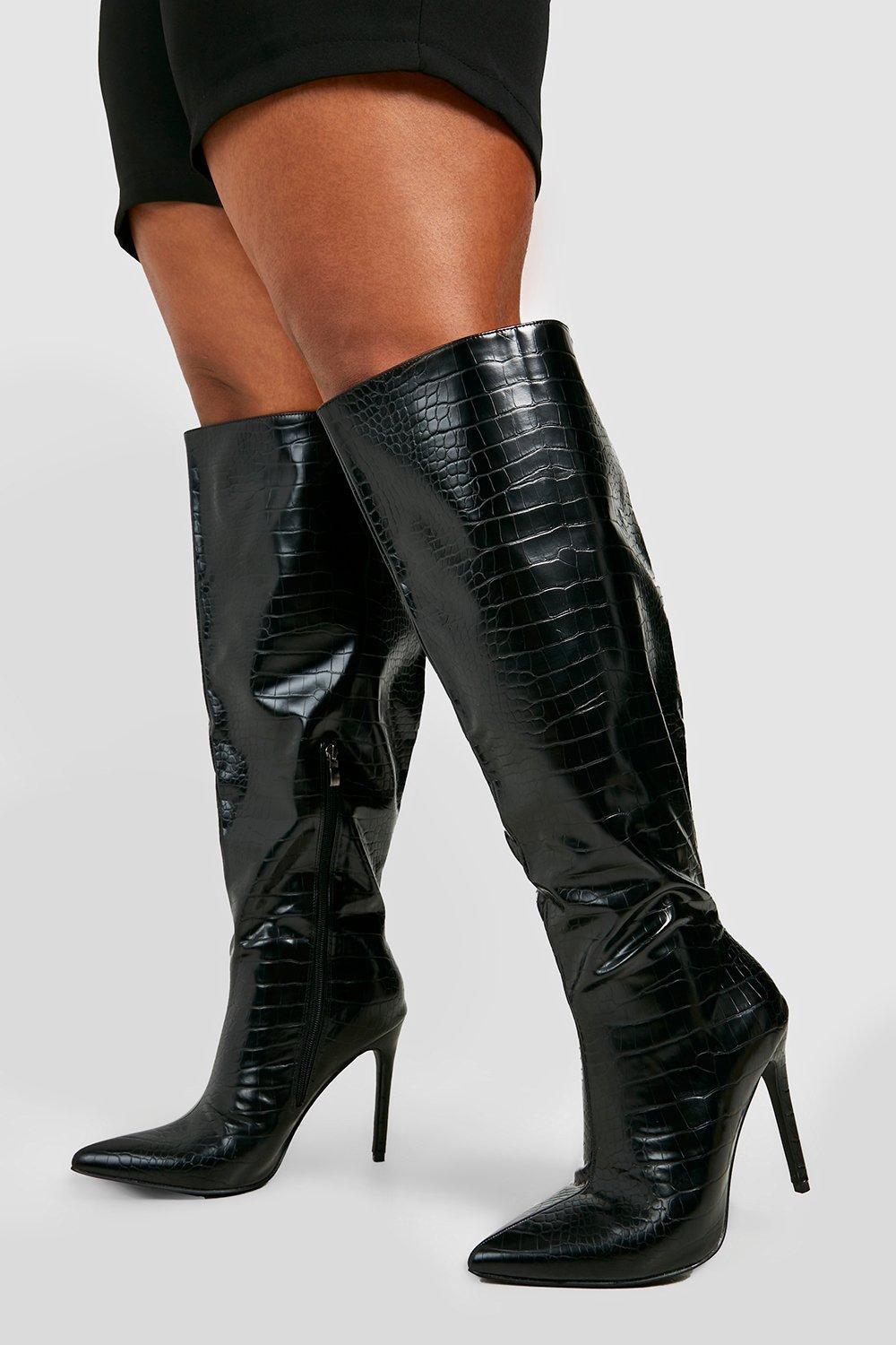 Wide calf heeled knee high boots cheap
