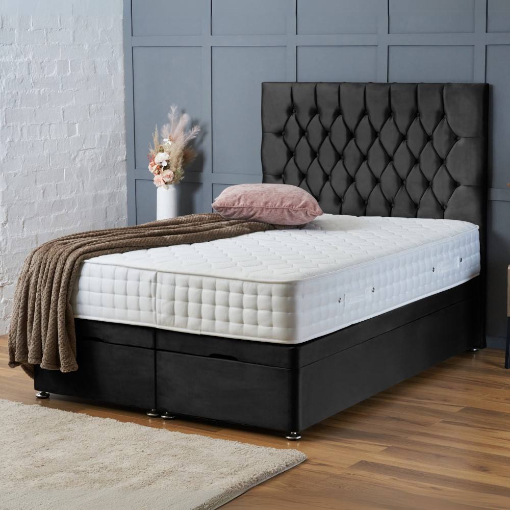 BSSPOKE Mia Ottoman Divan Bed Plush Velvet 54" Headboard & Mattress in Black | Size: Single