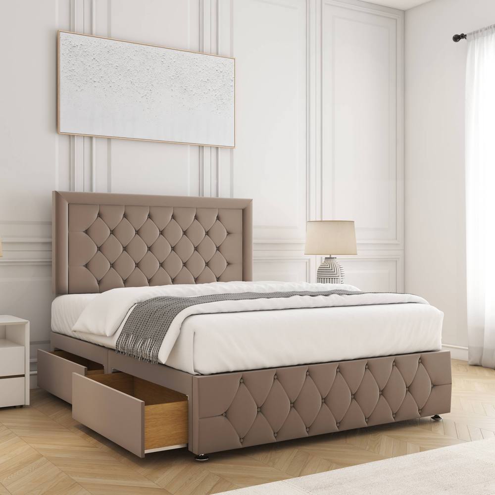 BSSPOKE Lena Divan Bed Plush Velvet 24"Headboard 2Drawers Same Side &Mattress in Bronze | Size: Small Double