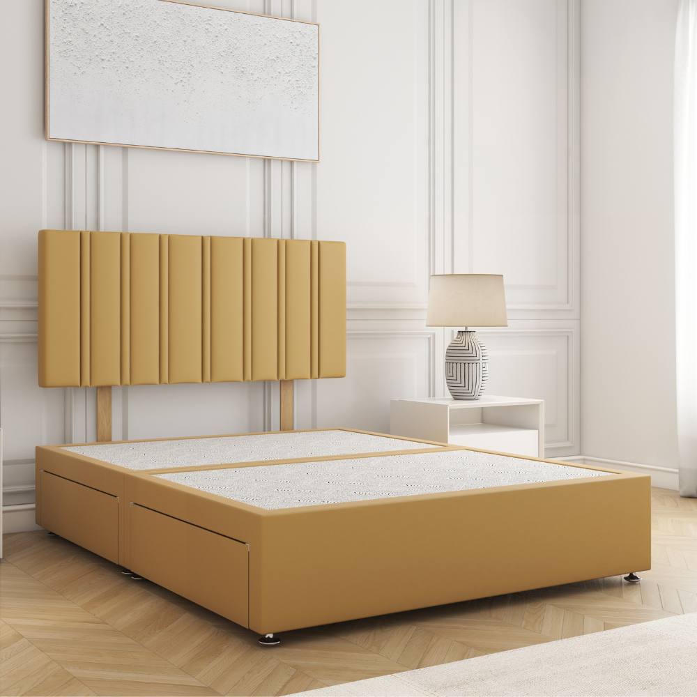 BSSPOKE Sienna Divan Bed Plush 24" Headboard & 2Drawers Same Side No Mattress in Mustard | Size: Double