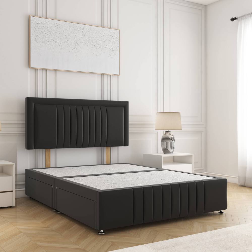 BSSPOKE Lily Plush Divan Bed 24" Headboard 2Drawers Same Side & No Mattress in Black | Size: King