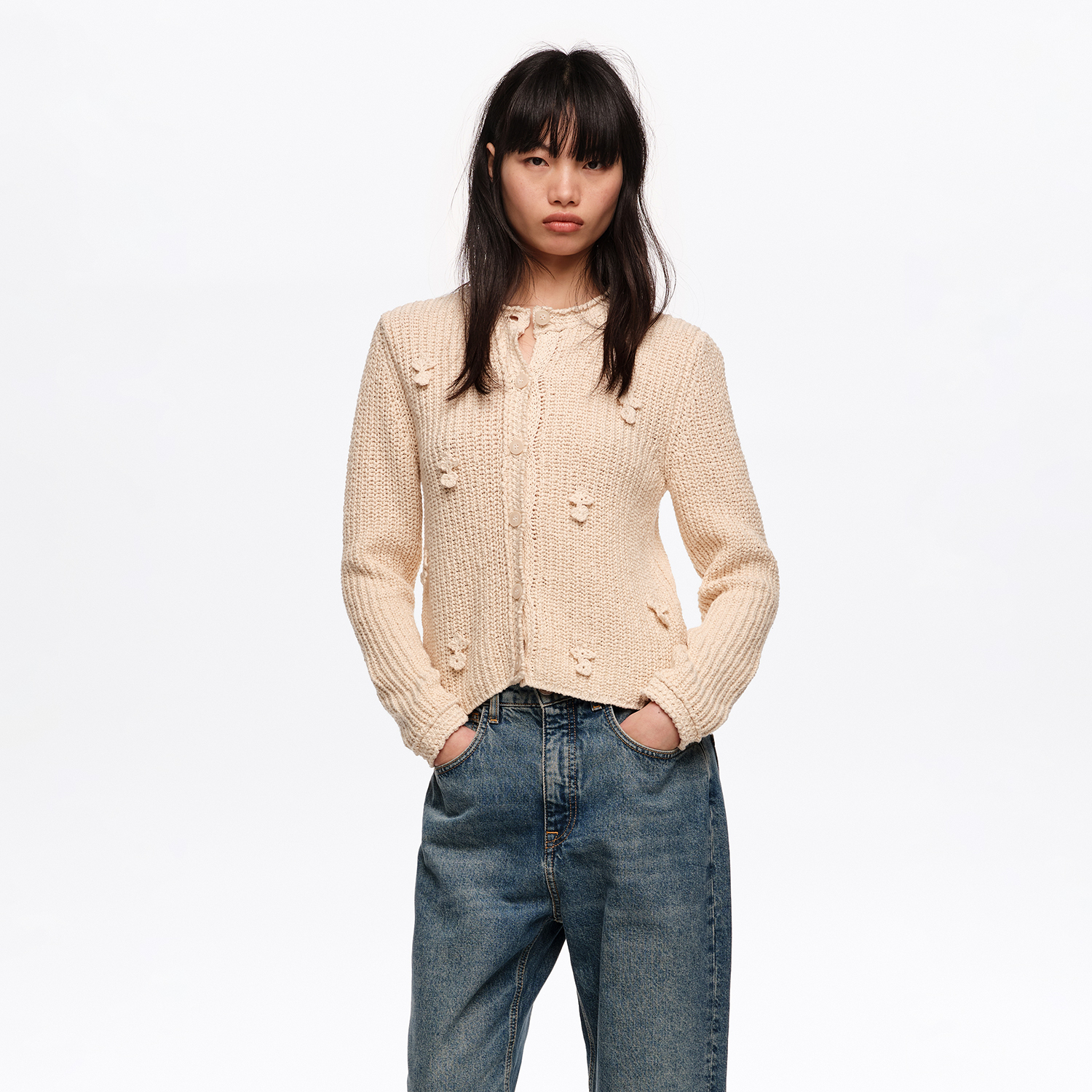BIMBA Y LOLA Beige cotton cardigan with flat bobbles