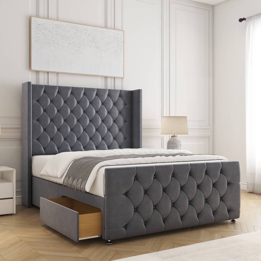 BSSPOKE Florida Divan Bed Velvet 54"Headboard & 20"Footboard 2Drawers Mattress in Charcoal | Size: Super King