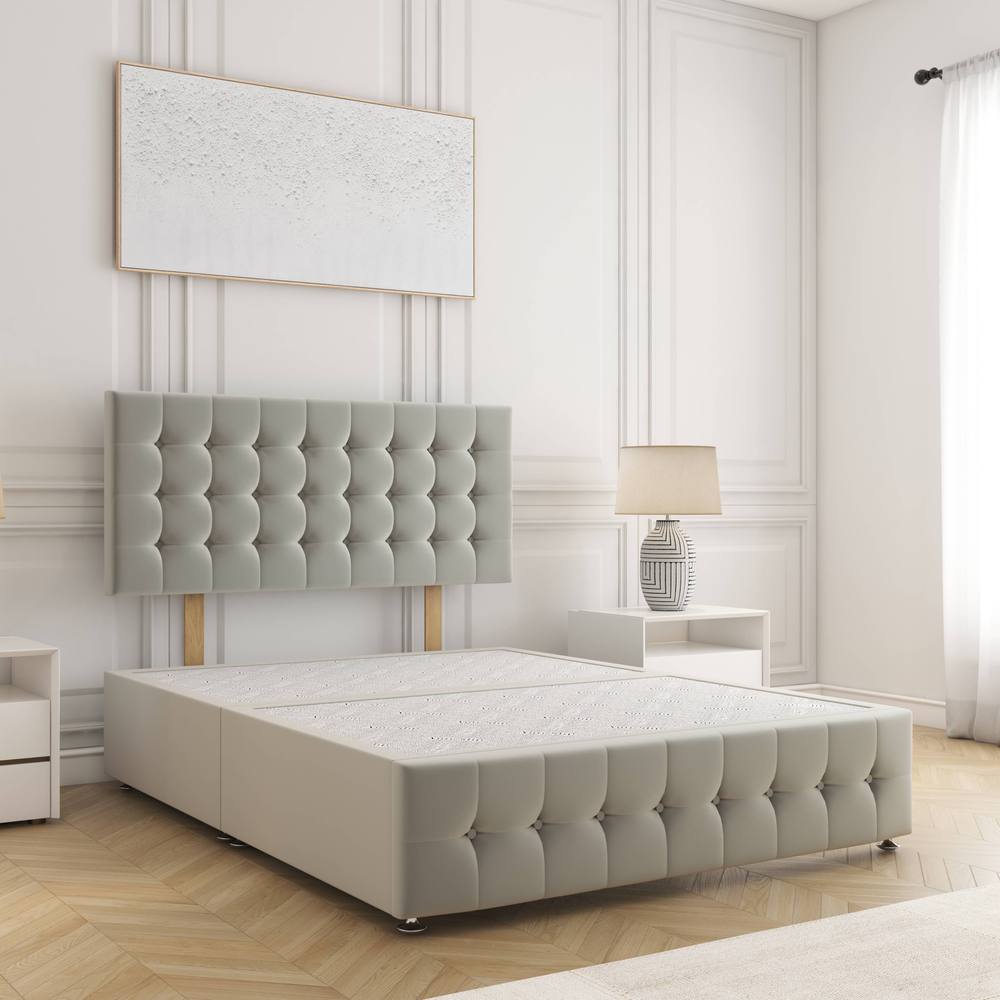 BSSPOKE Eva Divan Bed Plush Velvet Set 24" Headboard & No Mattress No Drawers in Silver | Size: Single