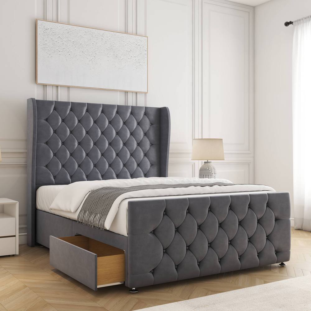 BSSPOKE Anna Plush Velvet Divan Bed 54" Headboard 2Drawers Footend & Mattress in Charcoal | Size: King