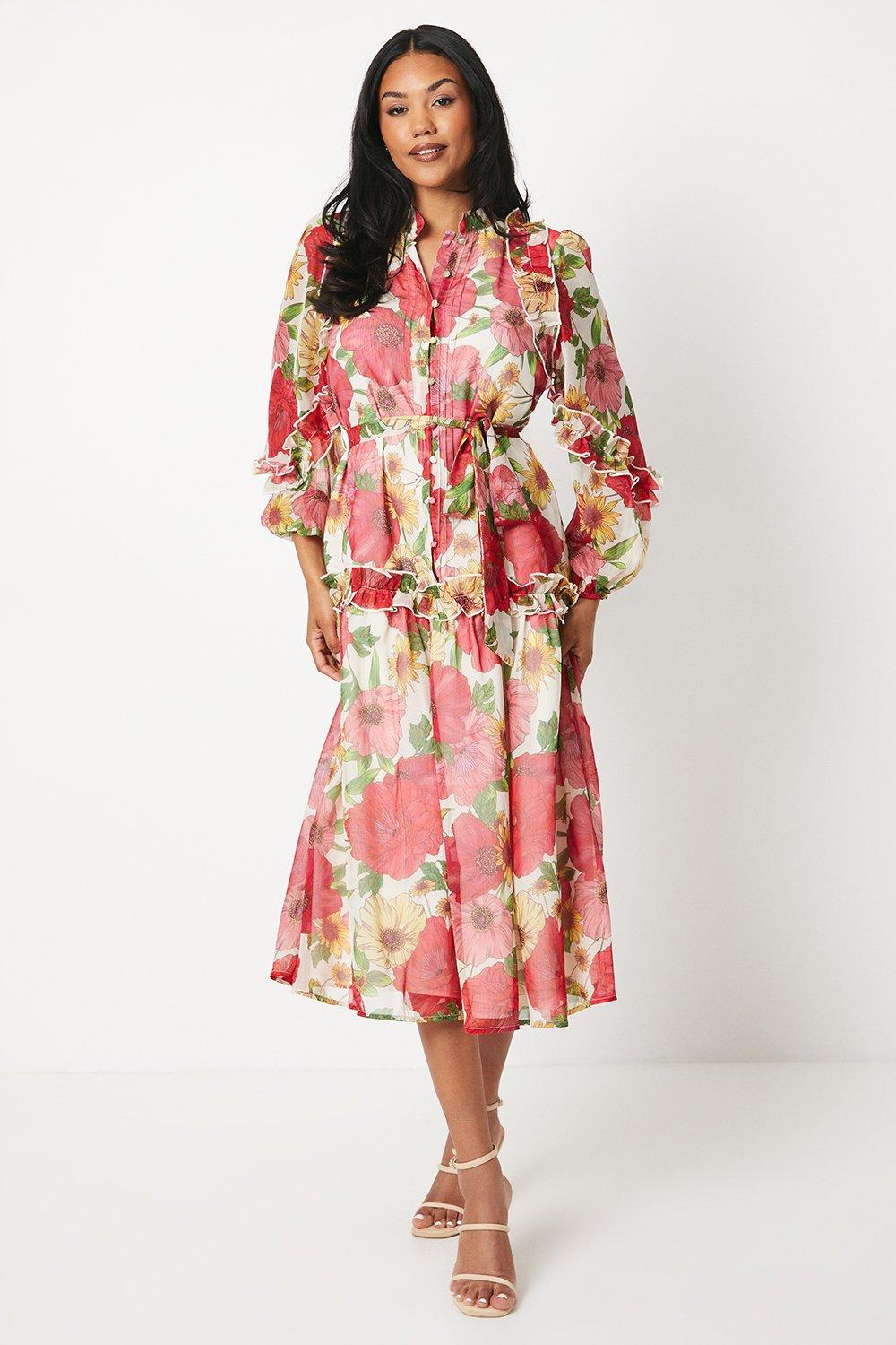 Coast Floral Printed Tie Waist Midi Chiffon Shirt Dress Rather Saucy