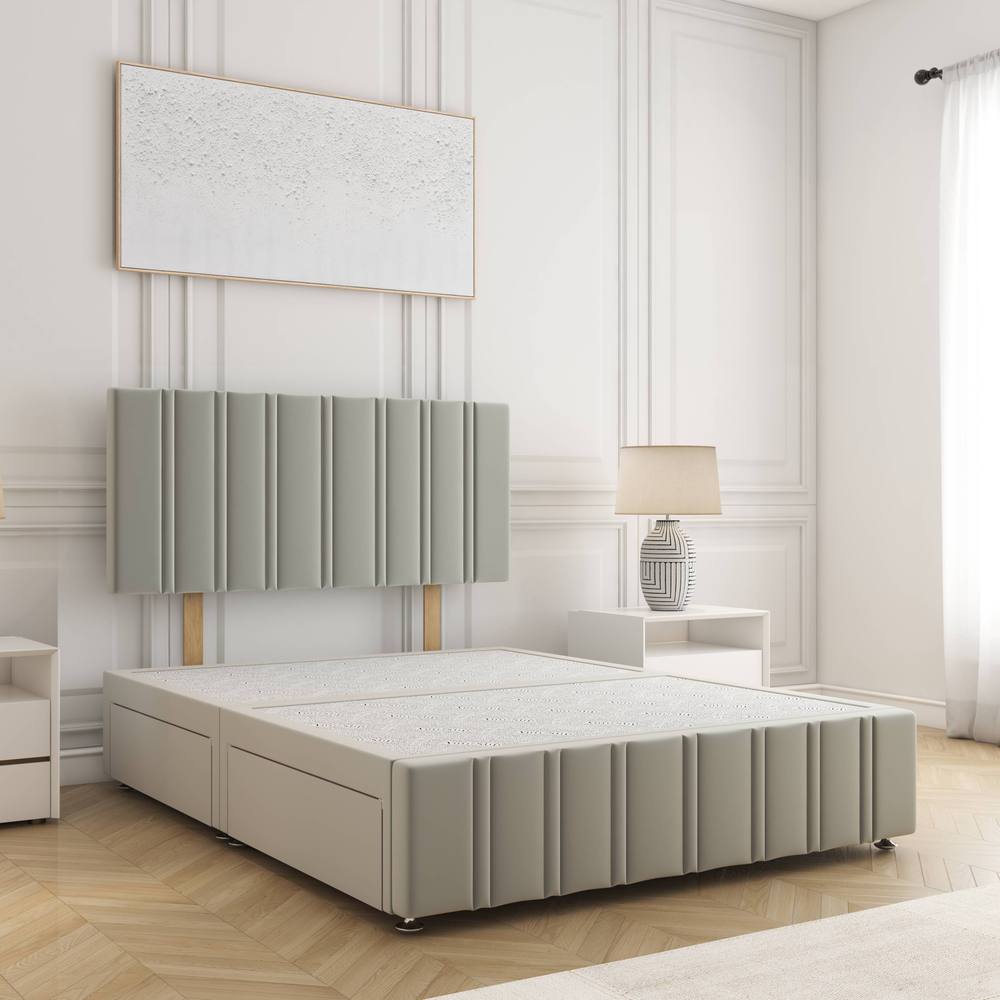 BSSPOKE Isabella Divan Bed Velvet 24"Headboard 2 Drawers Same Side No Mattress in Silver | Size: King