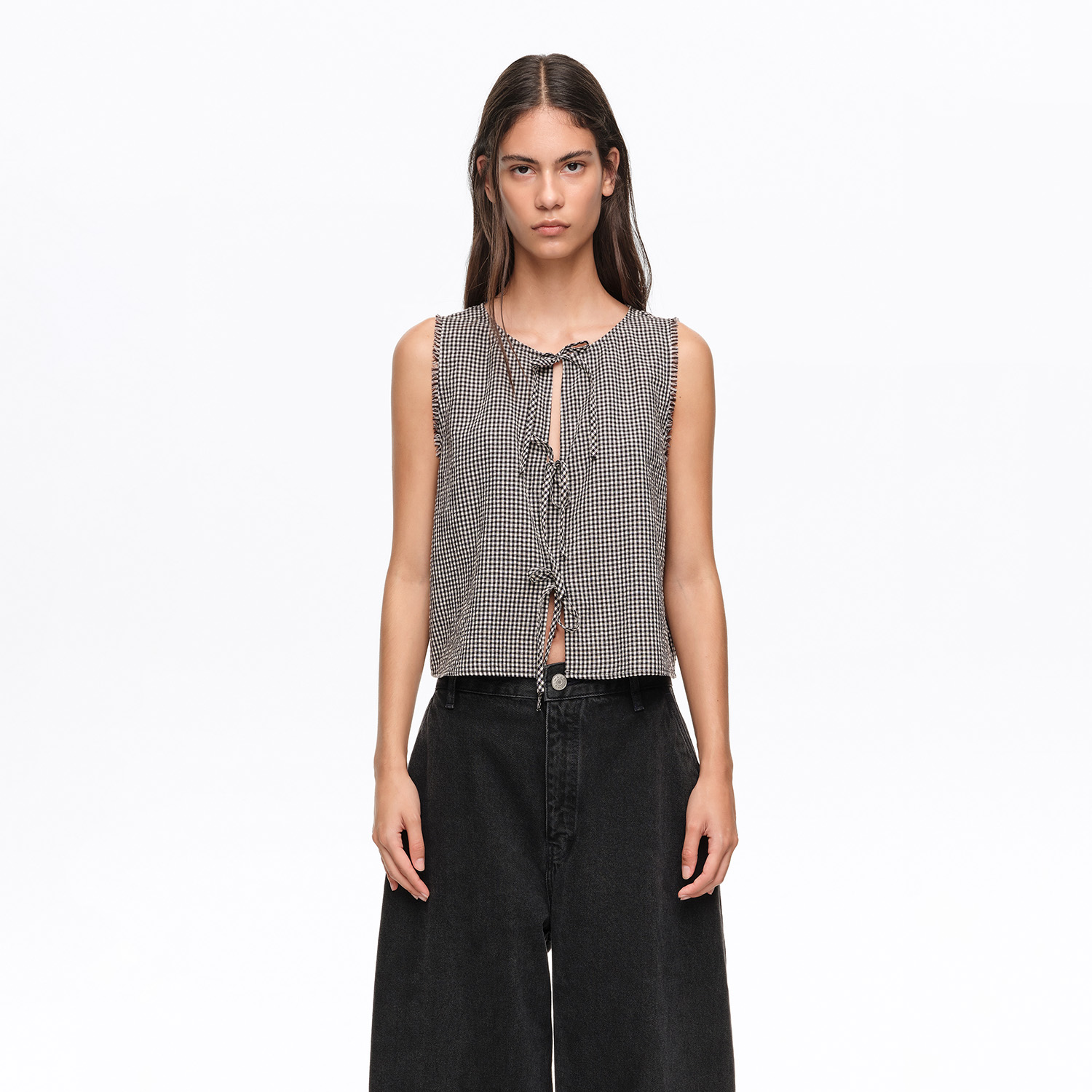 BIMBA Y LOLA Black checked top with bows and frayed details