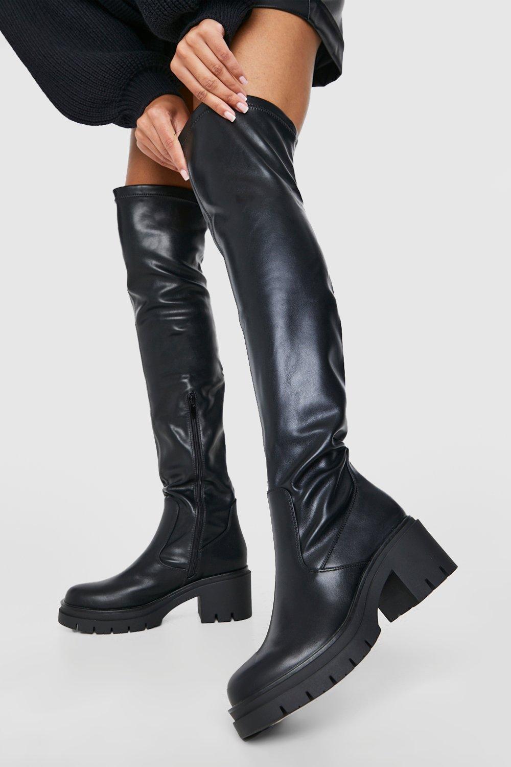 Photograph of Boohoo Womens Wide Fit Cleated Over The Knee Pu Boots