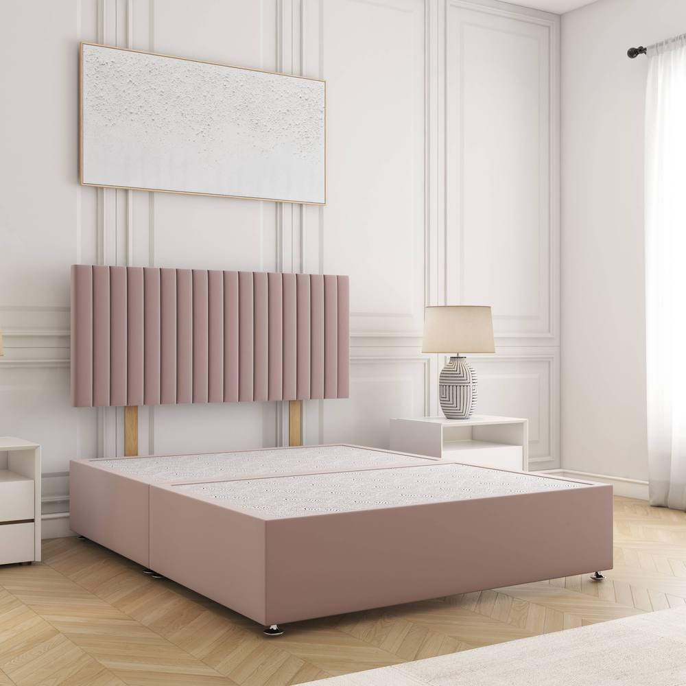 BSSPOKE Brooke Divan Bed Plush Velvet 24"Headboard & No Drawers No Mattress in Pink | Size: King