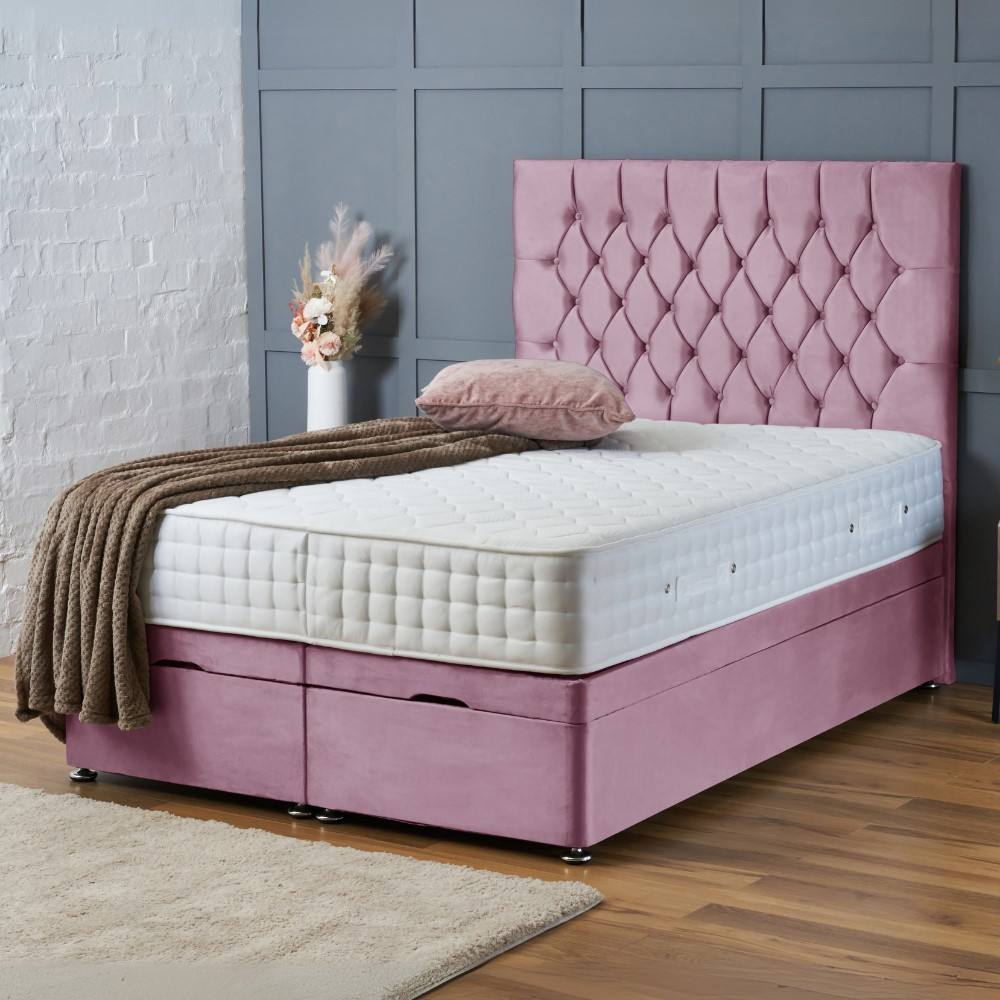 BSSPOKE Mia Ottoman Divan Bed Plush Velvet 54" Headboard & Mattress in Pink | Size: Small Double