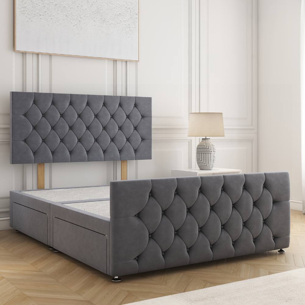 BSSPOKE Maya Velvet Divan Bed 24"Headboard & 2Drawers Same Side No Mattress in Grey | Size: Super King