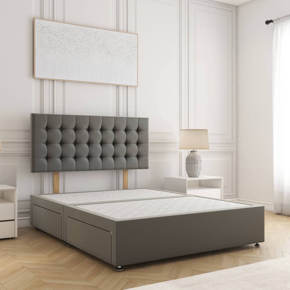 BSSPOKE Isla Divan Bed Plush 24" Headboard 2Drawers Same Side & No Mattress in Grey | Size: Double