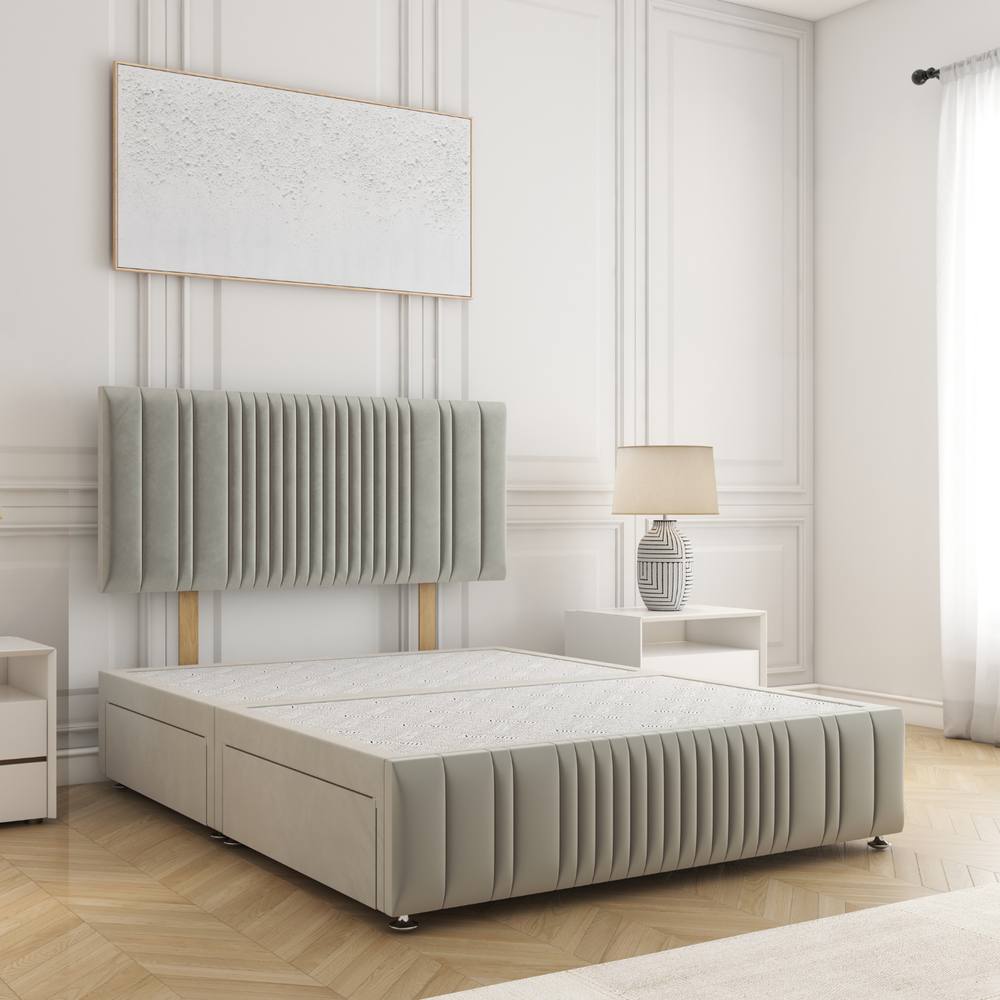 BSSPOKE Rosie Plush Divan Bed 24" Headboard 2 Drawers Same Side & No Mattress in Silver | Size: Super King