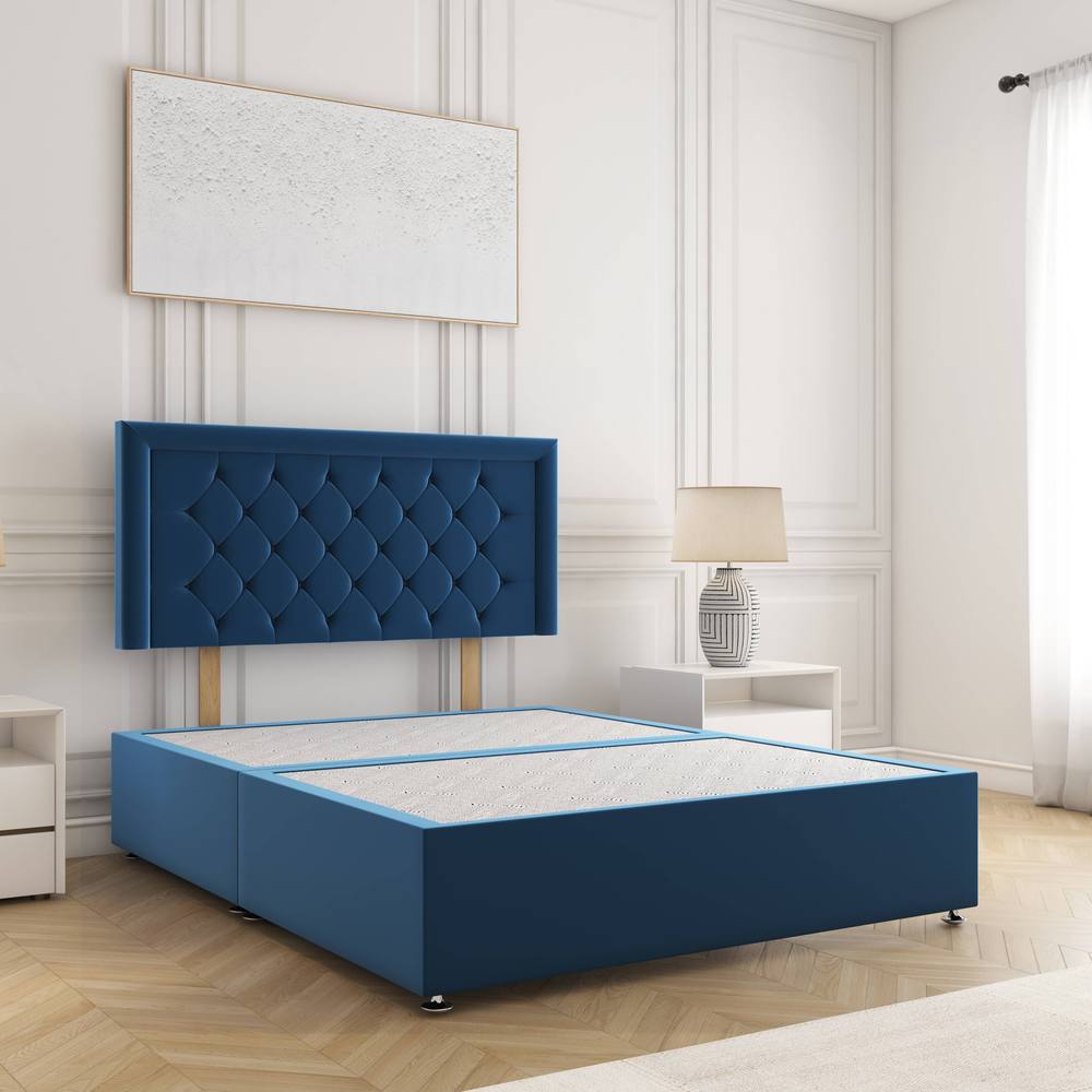 BSSPOKE Nova Plush Velvet Divan Bed 24"Headboard & No Mattress No Drawers in Blue | Size: Single