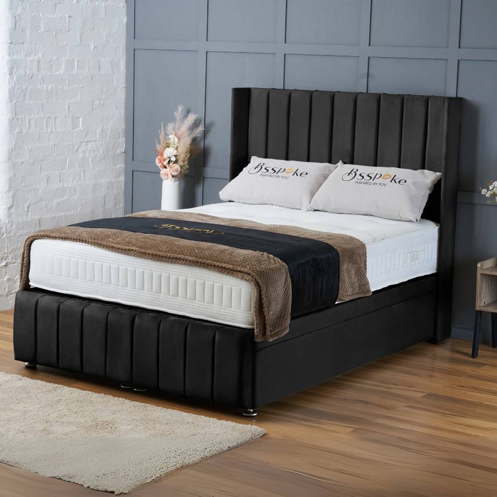 BSSPOKE Zoe Ottoman Divan Bed Plush Velvet 54"Headboard &Footboard No Mattress in Black | Size: King