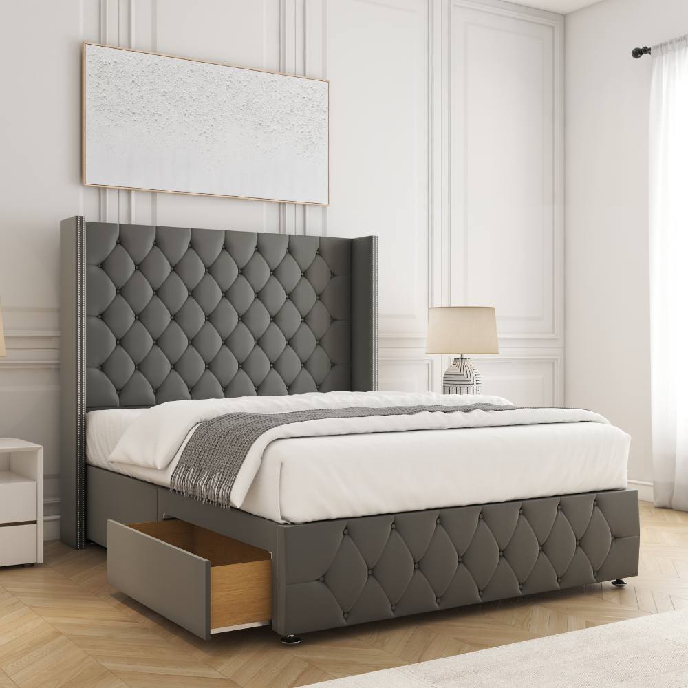 BSSPOKE Mayfair Plush Divan Bed 54" Headboard 2 Drawers footend & No Mattress in Grey | Size: Small Double