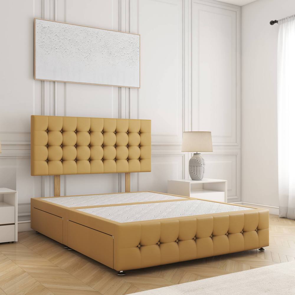 BSSPOKE Eva Divan Bed Plush Velvet 24"Headboard 2Drawers Same Side No Mattress in Mustard | Size: King