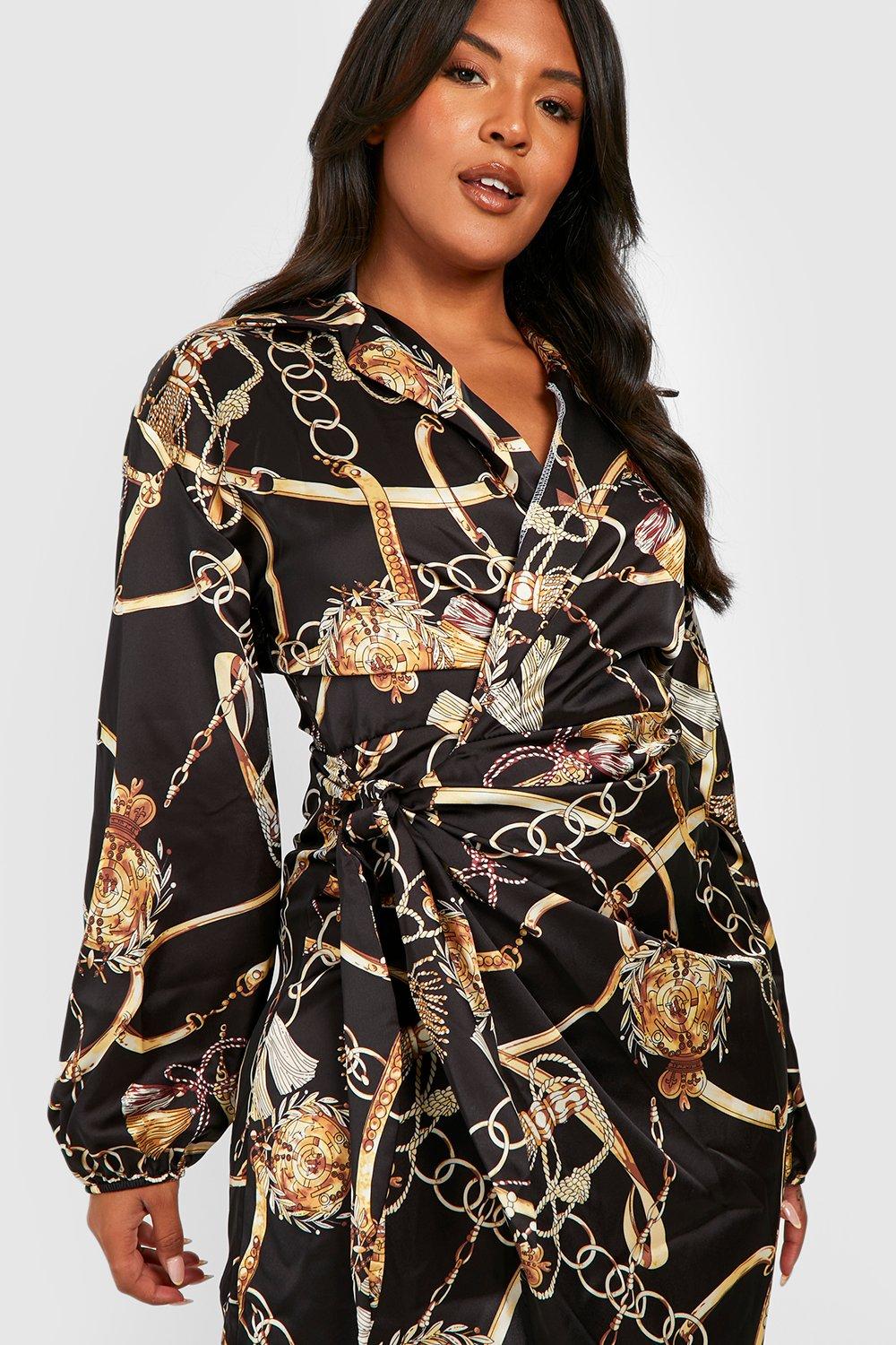 Boohoo Womens Plus Chain Print Satin Wrap Midi Dress Rather Saucy