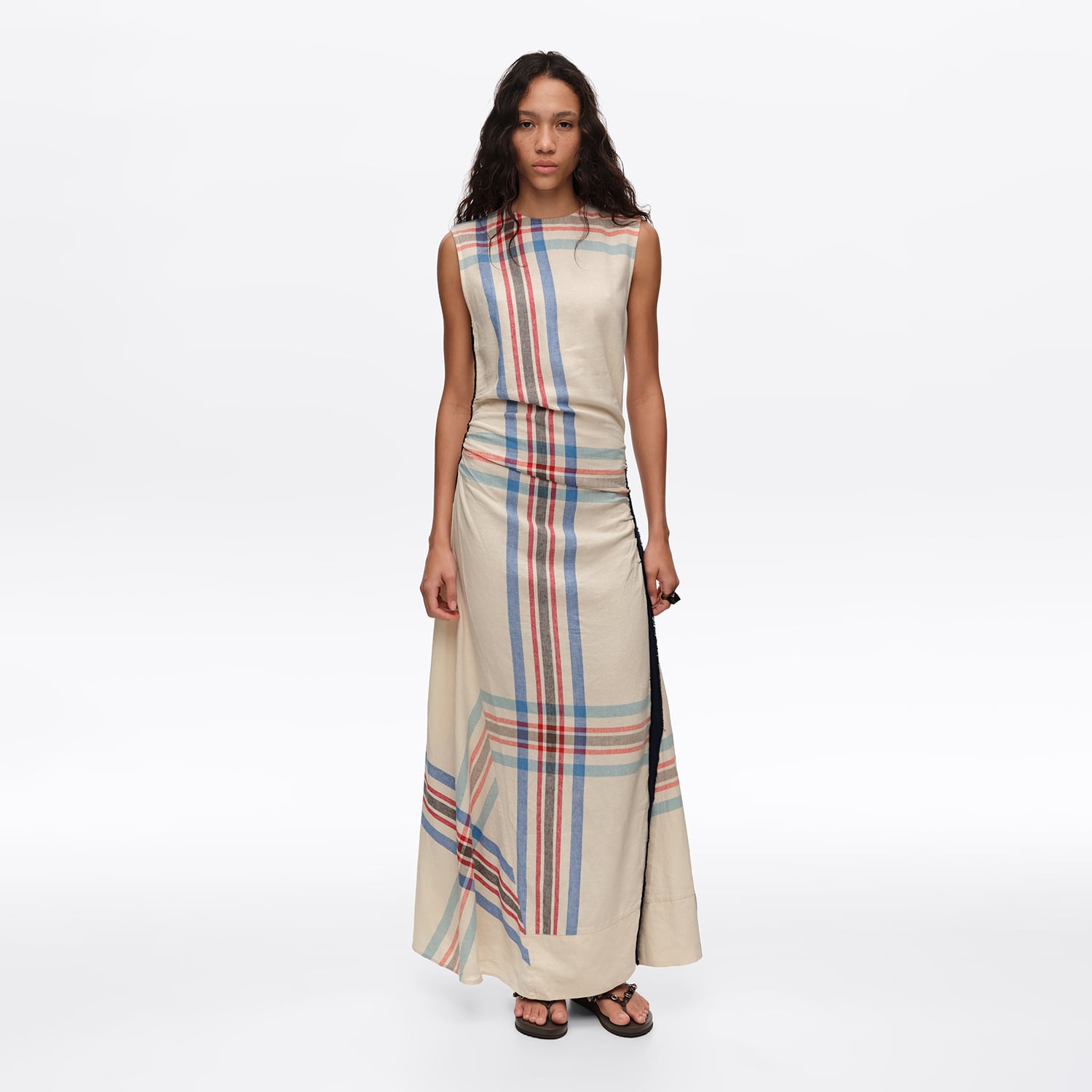 BIMBA Y LOLA Ivory linen striped sleeveless dress with overlay strap