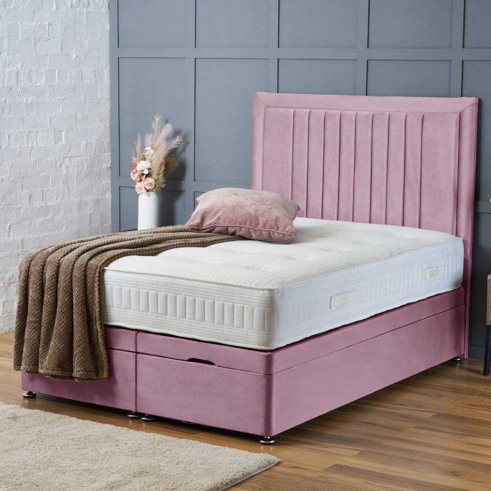 BSSPOKE Canes Ottoman Divan Bed Plush Velvet 54" Headboard & No Mattress in Pink | Size: Double