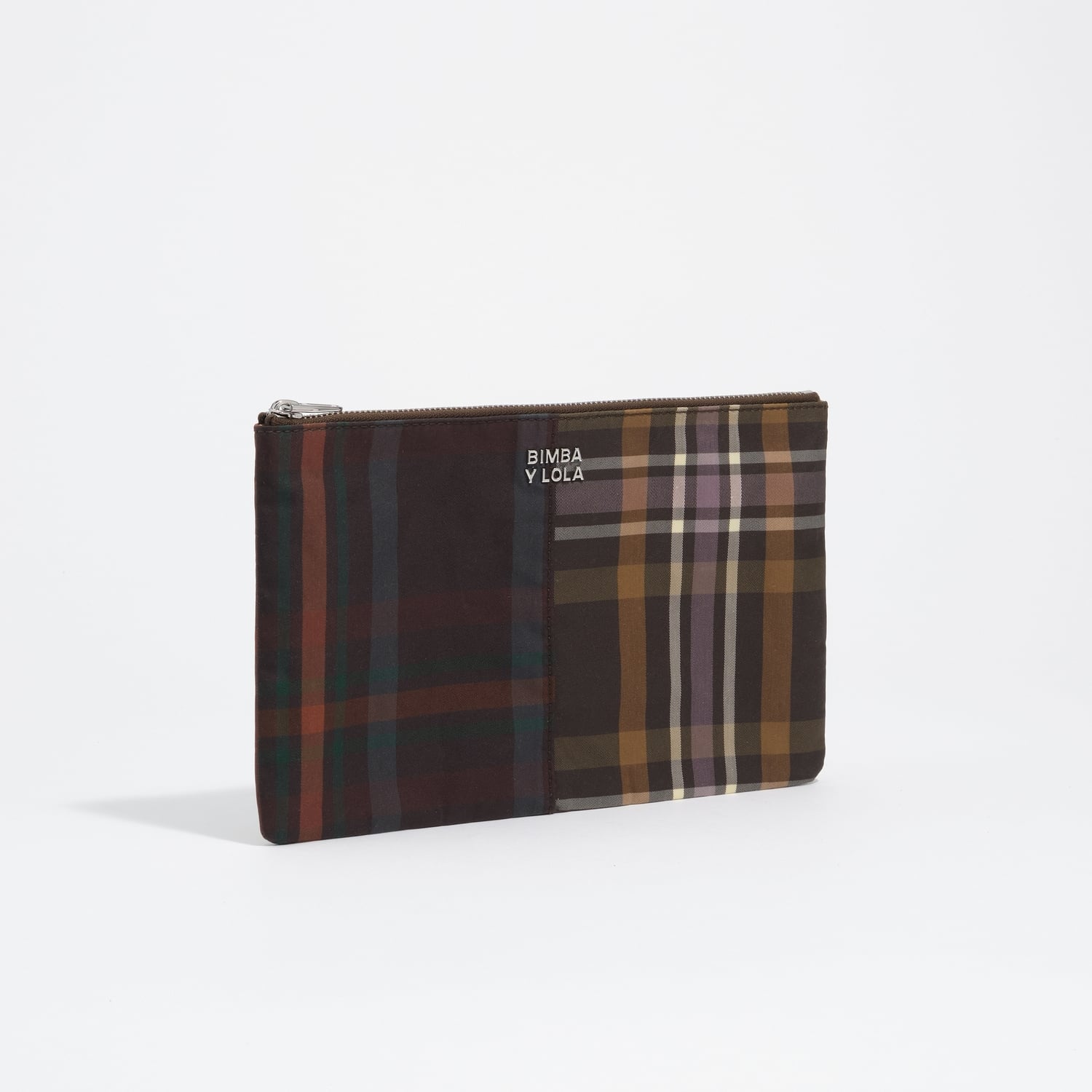 BIMBA Y LOLA Medium coated chocolate green tartan clutch make-up case