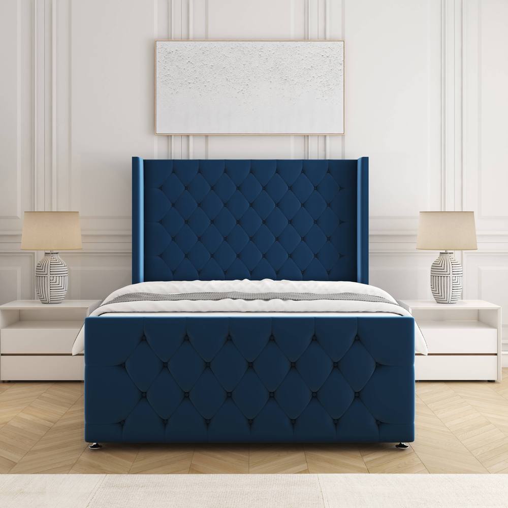 BSSPOKE Florida Velvet Divan Bed 54"Headboard &Footboard Mattress & No Drawers in Blue | Size: Super King