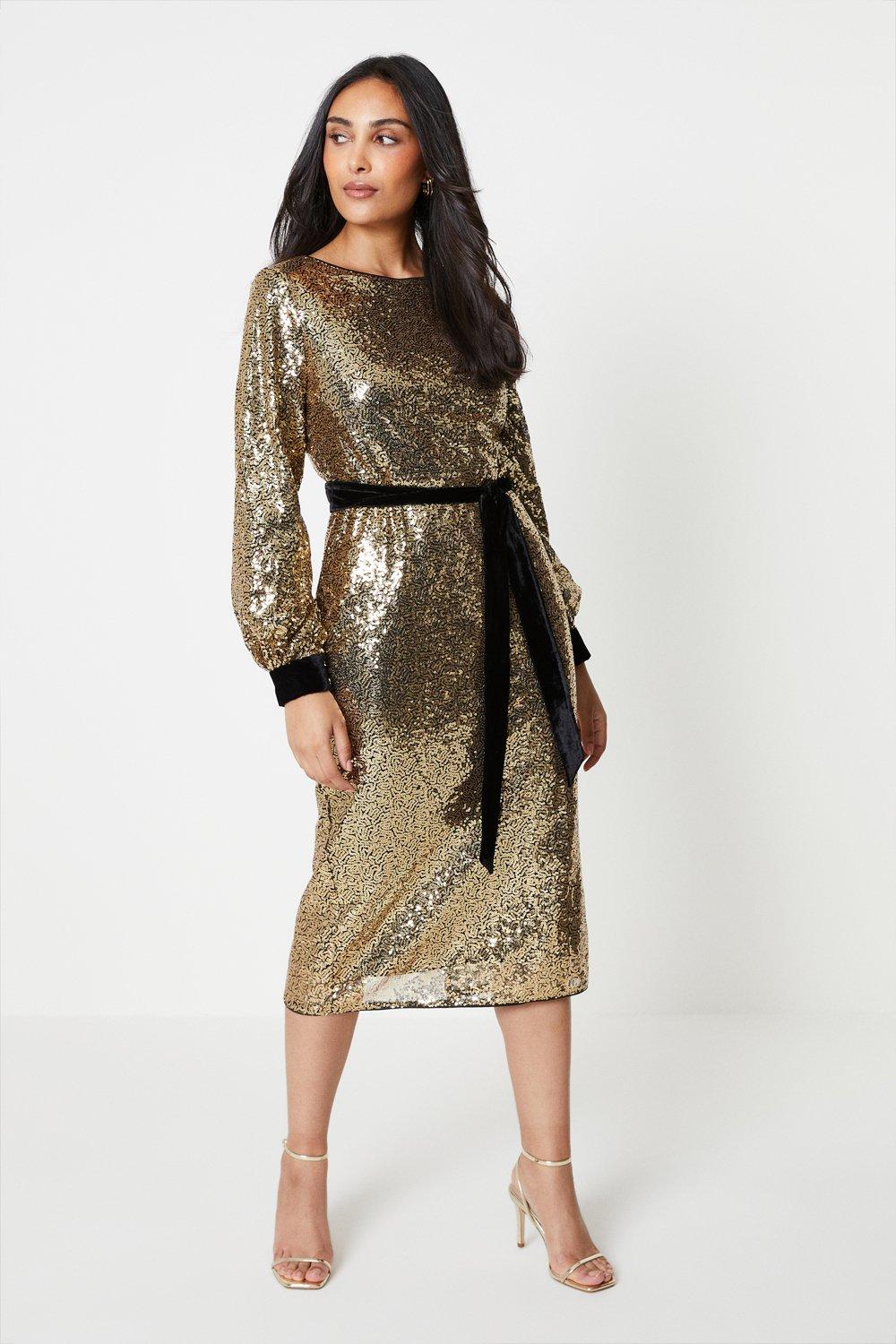 Photograph of Dorothy Perkins Womens Petite Sequin Velvet Tie Midi Dress