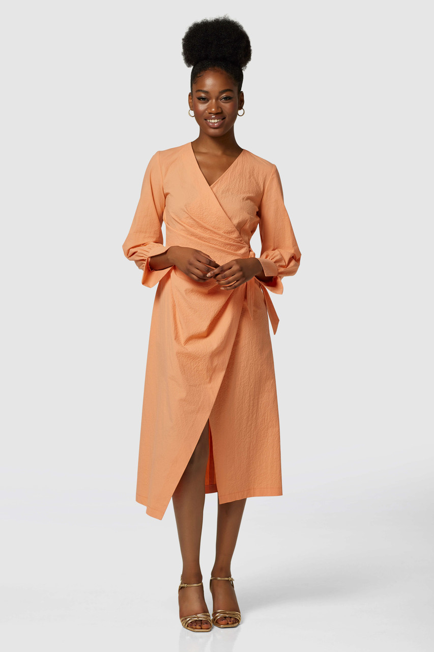 Coral pleated midi dress deals