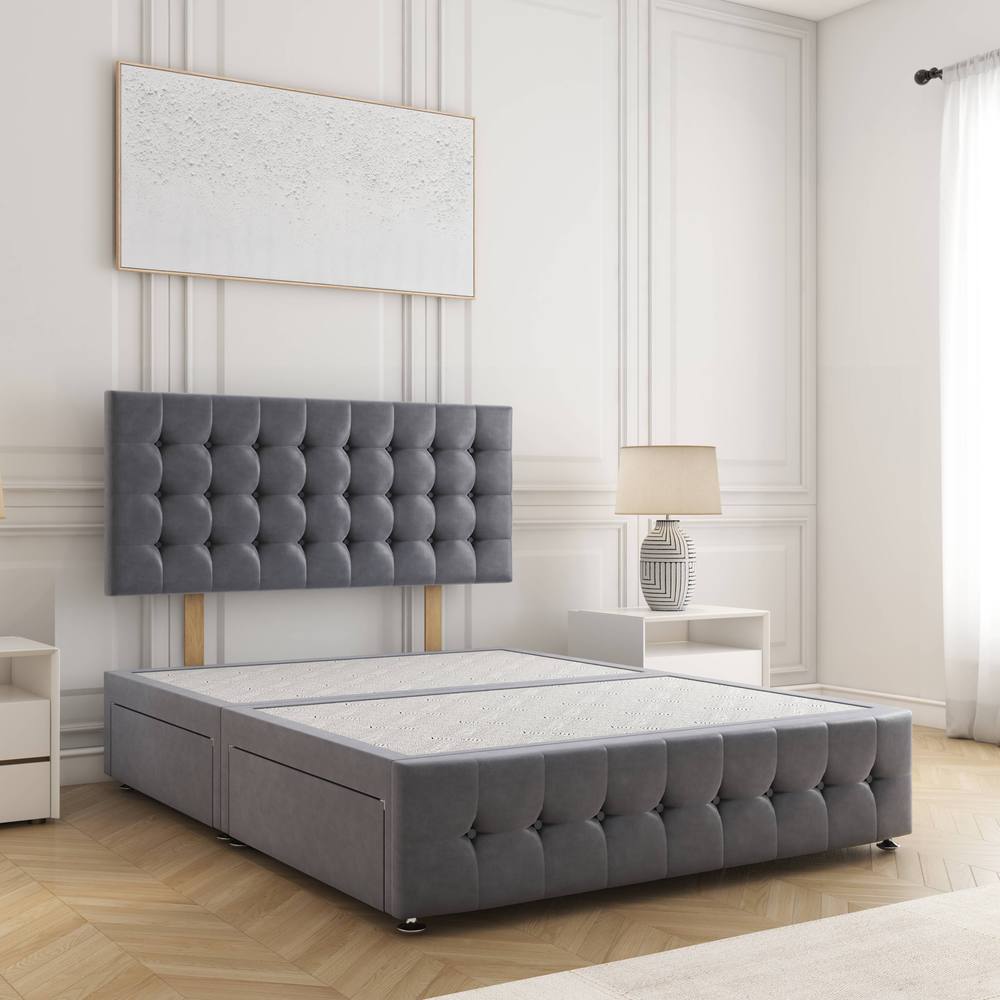 BSSPOKE Eva Divan Bed Plush Velvet 24"Headboard 2Drawers Same Side No Mattress in Charcoal | Size: King