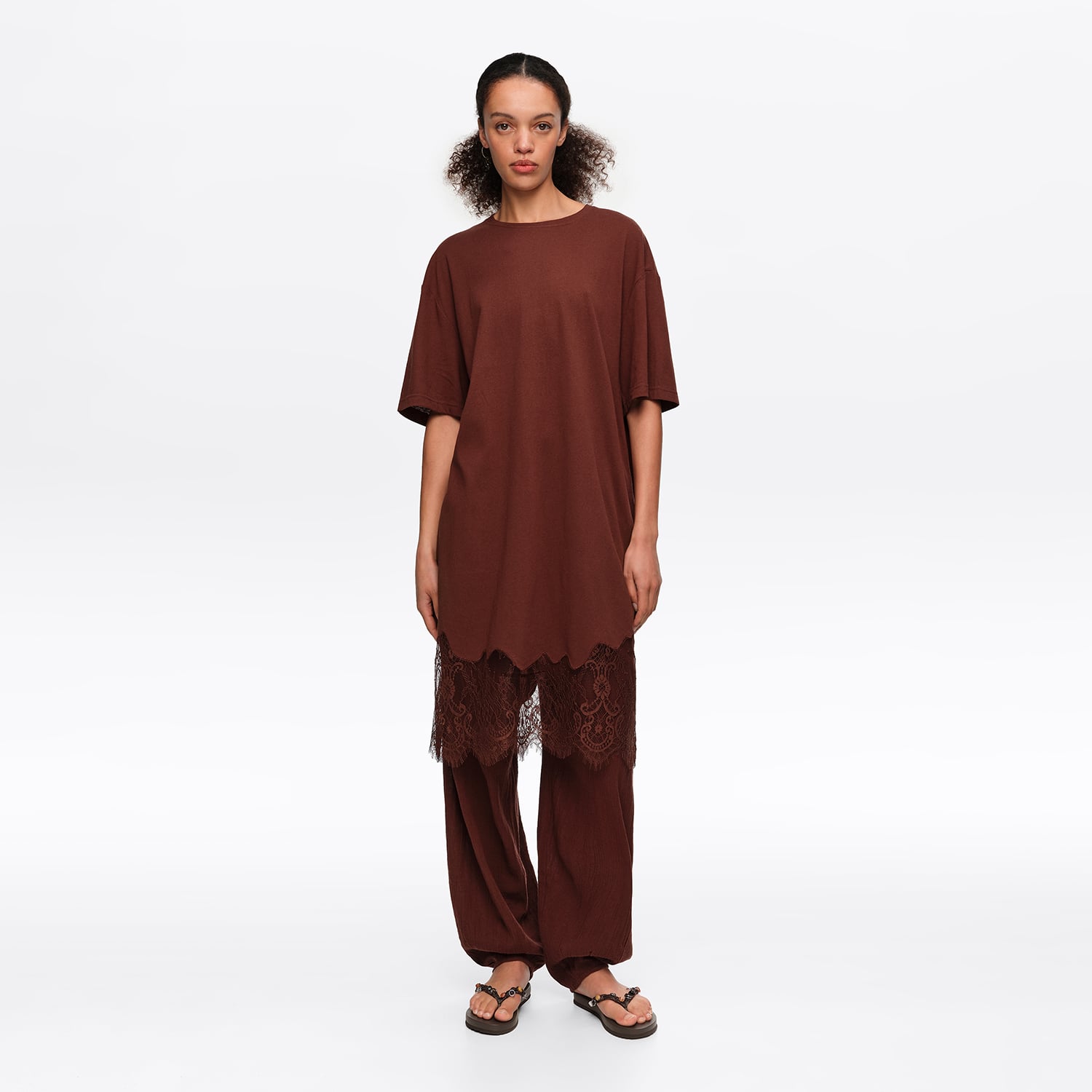 BIMBA Y LOLA Short brown lace T-shirt dress