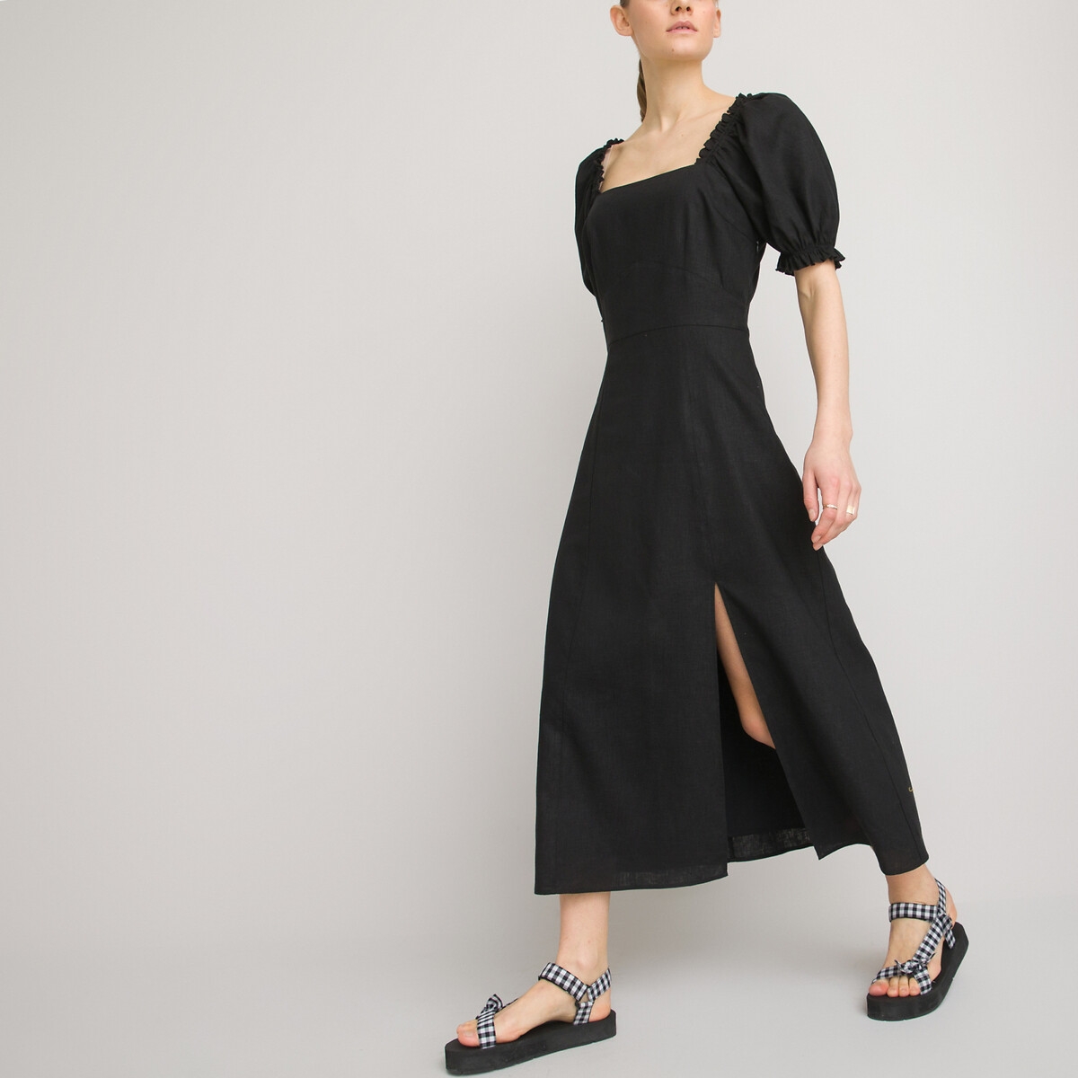 Photograph of La Redoute Collections Linen Mix Midi Dress with Ruffles and Puff Sleeves