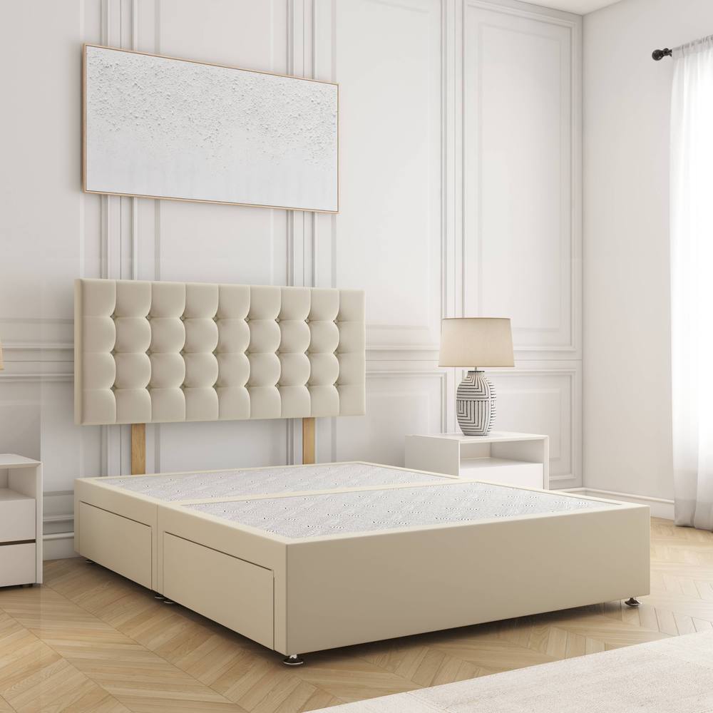 BSSPOKE Isla Divan Bed Plush 24" Headboard 2Drawers Same Side & No Mattress in Cream | Size: Small Double
