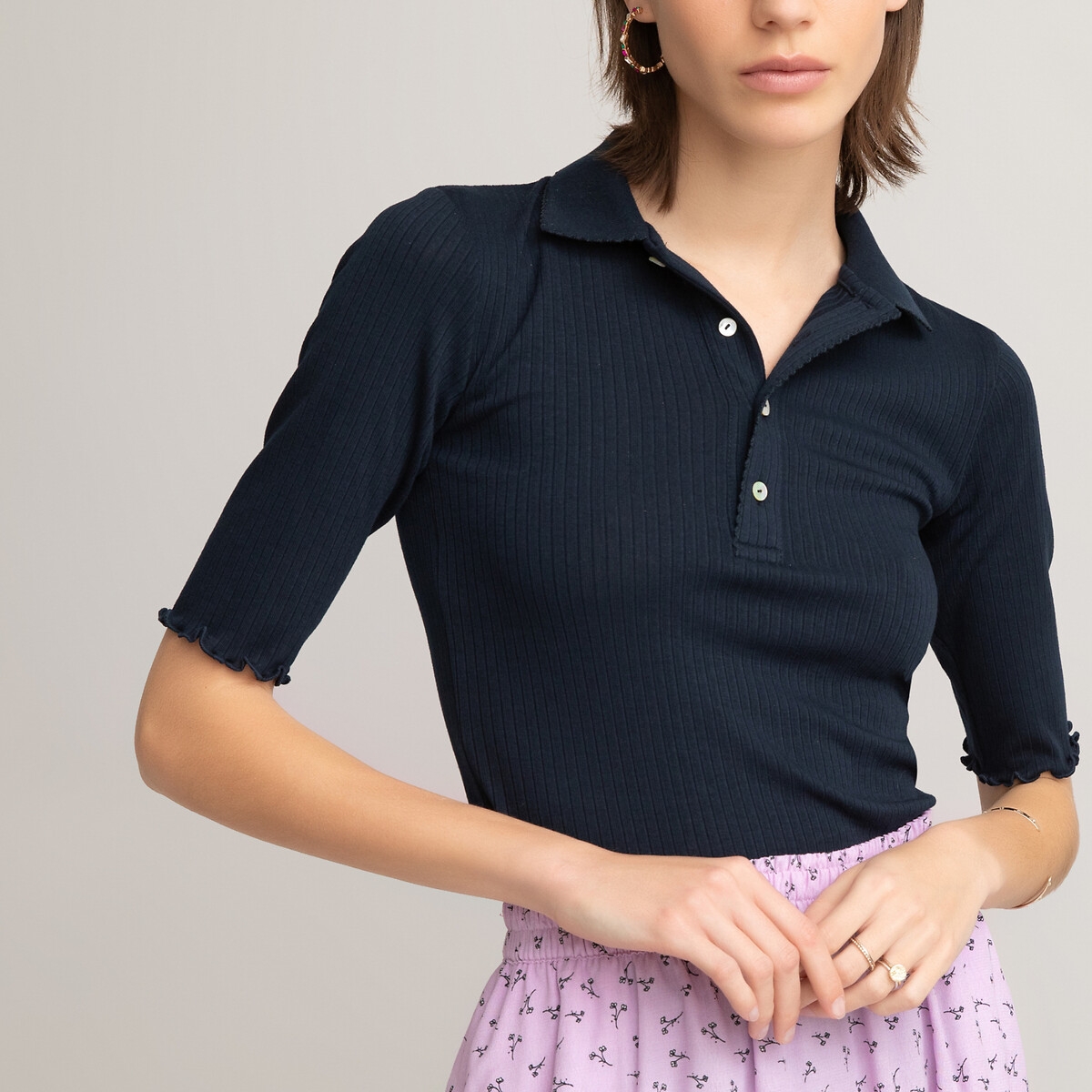 Photograph of La Redoute Collections Ribbed Polo Shirt with Short Sleeves
