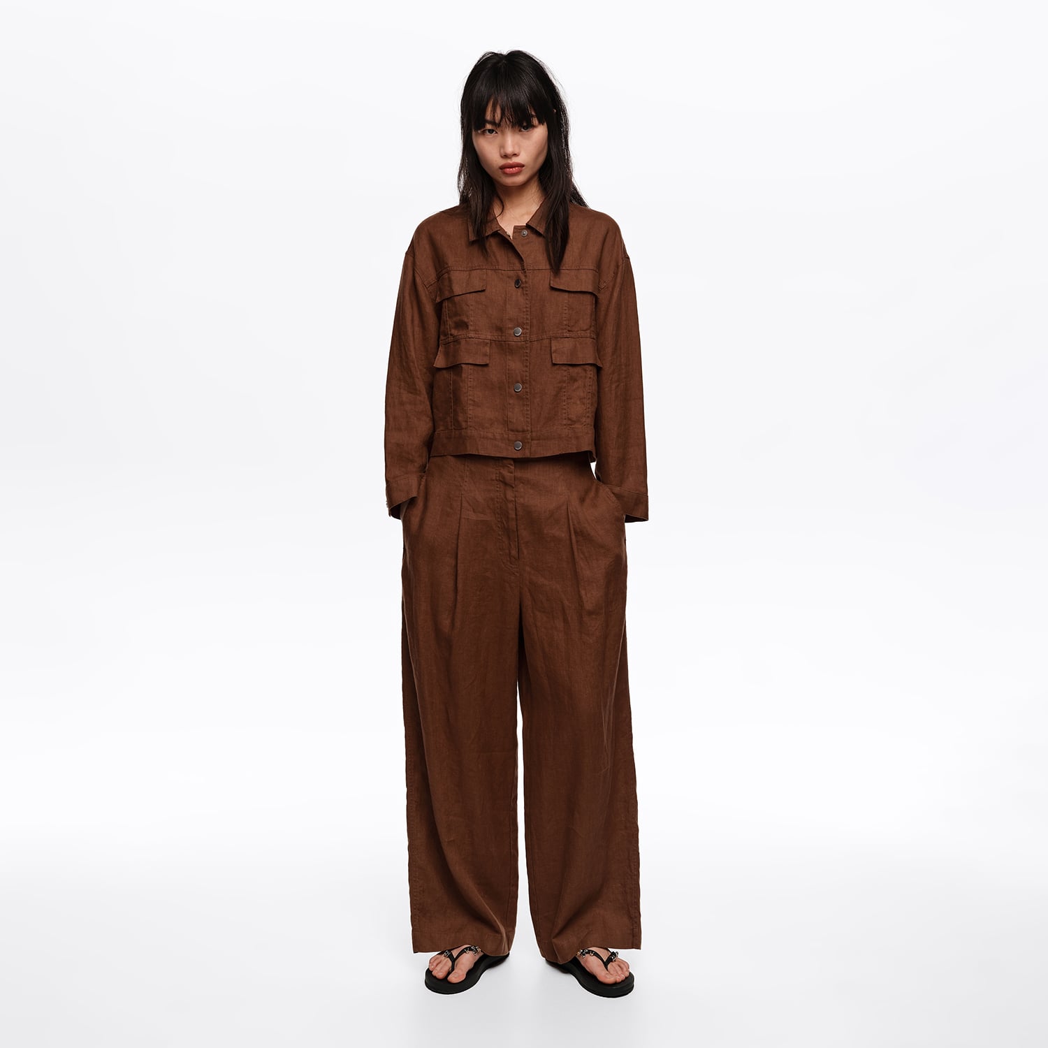 BIMBA Y LOLA Washed brown linen straight-leg trousers with darts