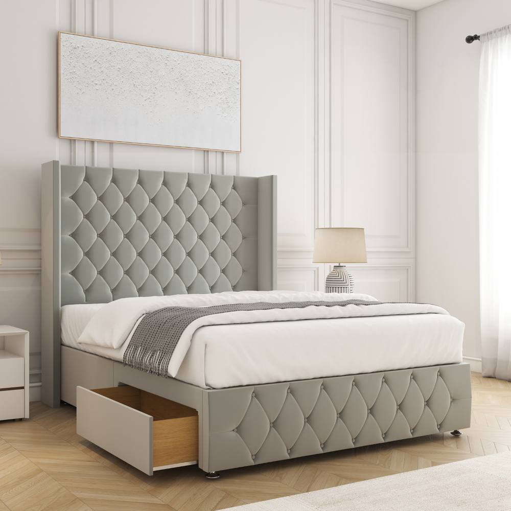 BSSPOKE Ruby Divan Bed Plush Velvet 54"Headboard & 2Drawers Footend Mattress in Silver | Size: King
