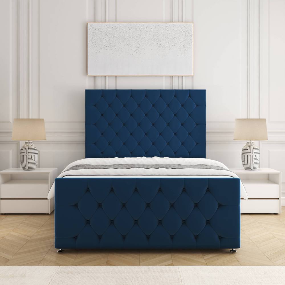 BSSPOKE Maya Plush Divan Bed 54" Headboard & Footboard Mattress & No Drawers in Blue | Size: Small Double
