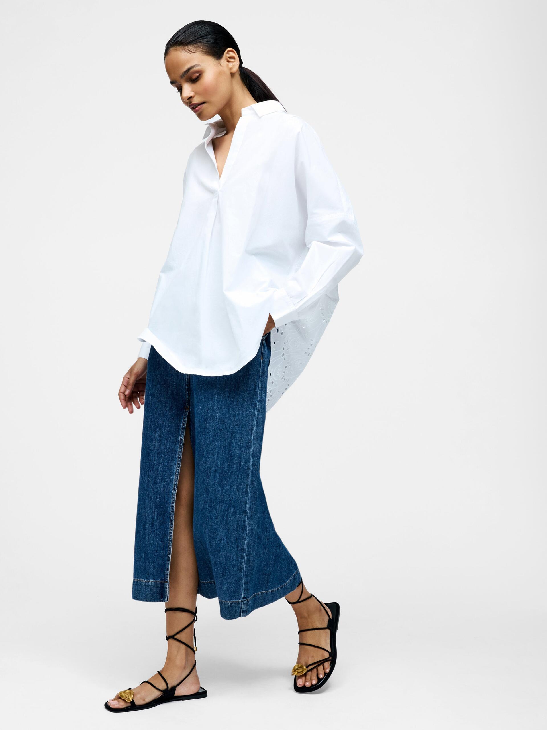 Photograph of French Connection Broderie Back Long Sleeve Popover Shirt Linen White