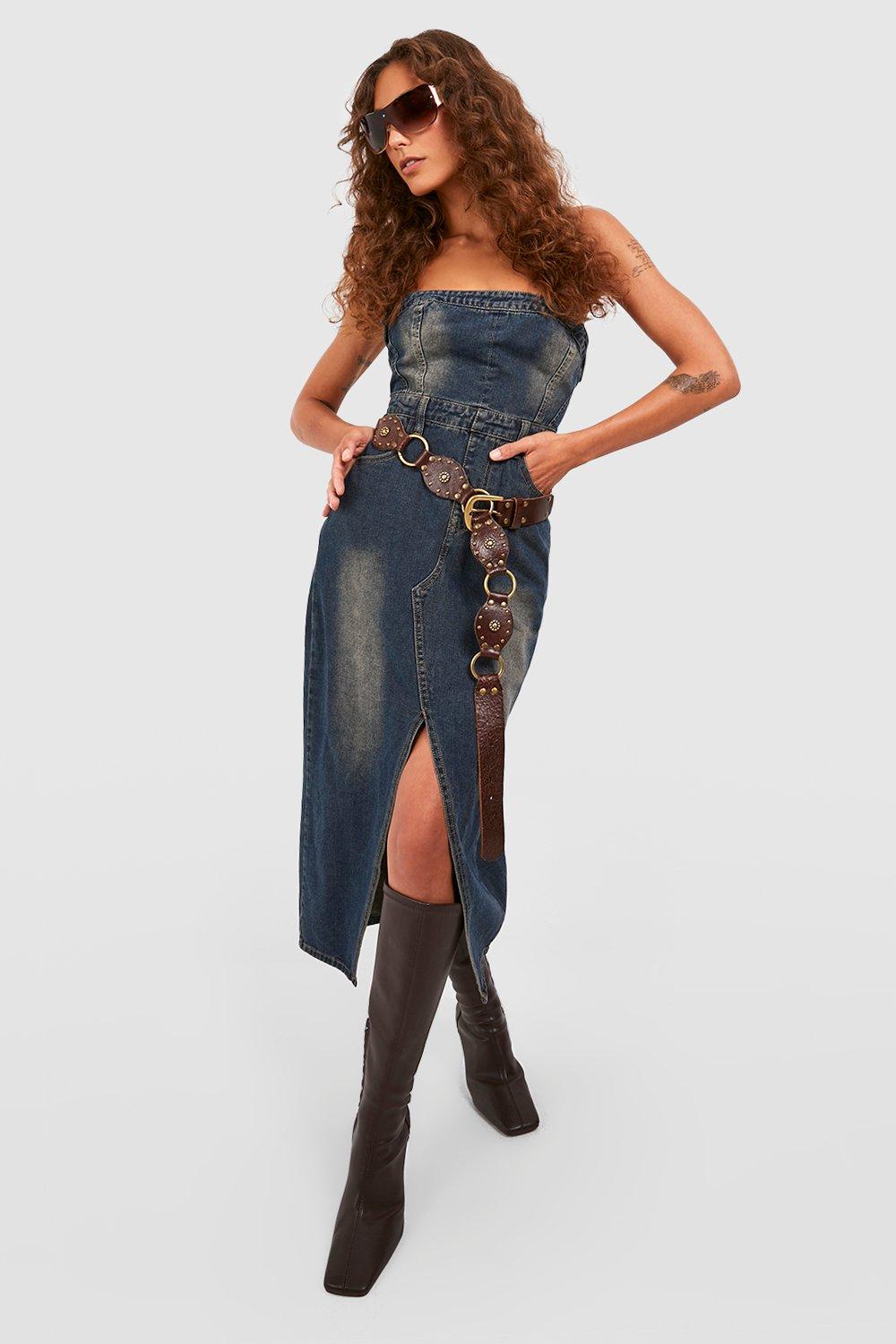 Boohoo Womens Denim Bandeau Split Front Midi Dress