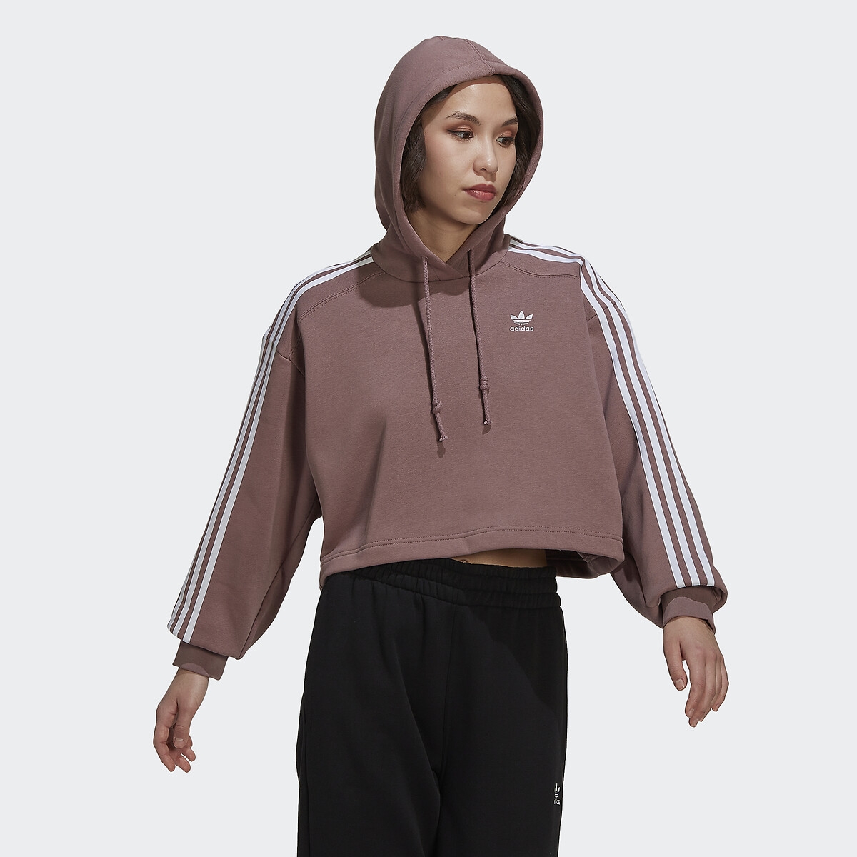 Photograph of Adidas Originals Adicolor Classics Cropped Hoodie wiith Embroidered Logo in Cotton Mix