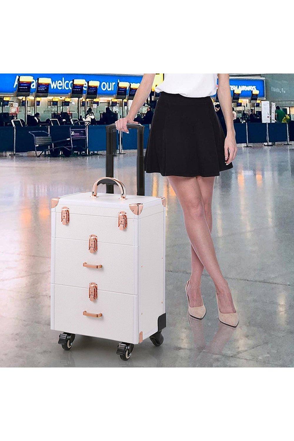 H&O Direct Large Trolley Makeup Case On Wheels Make Up Beauty Case Vanity with Lockable Key in White