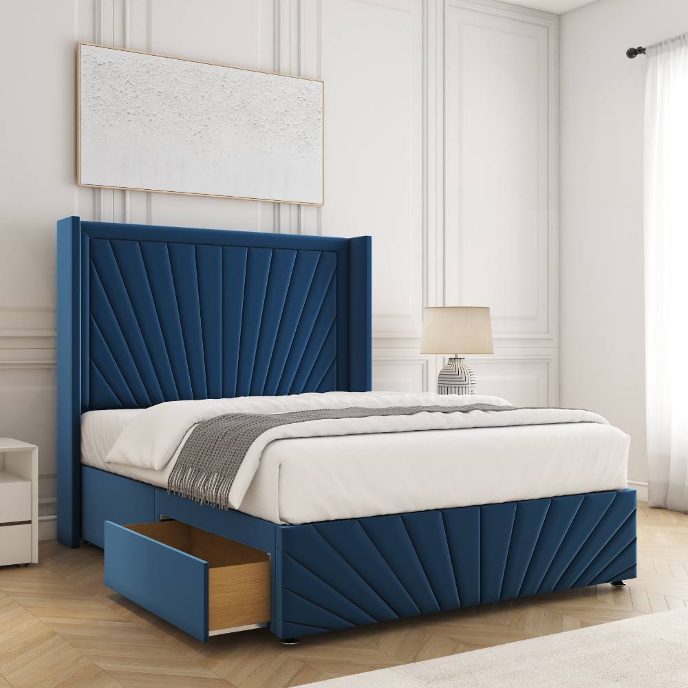BSSPOKE Nola Divan Bed Plush Velvet 54"Headboard 2Drawers Footend No Mattress in Blue | Size: King