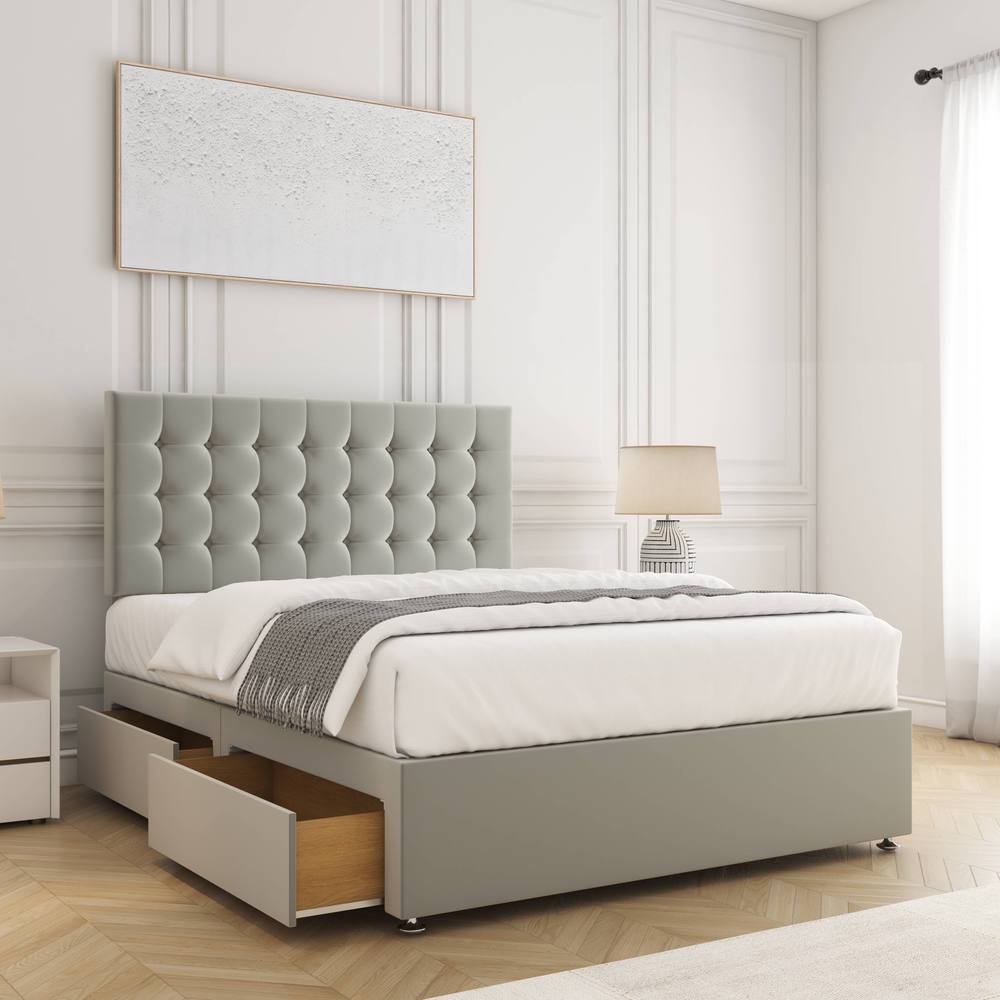 BSSPOKE Isla Plush Velvet Divan Bed 24"Headboard 2Drawers Footend & Mattress in Silver | Size: Small Double