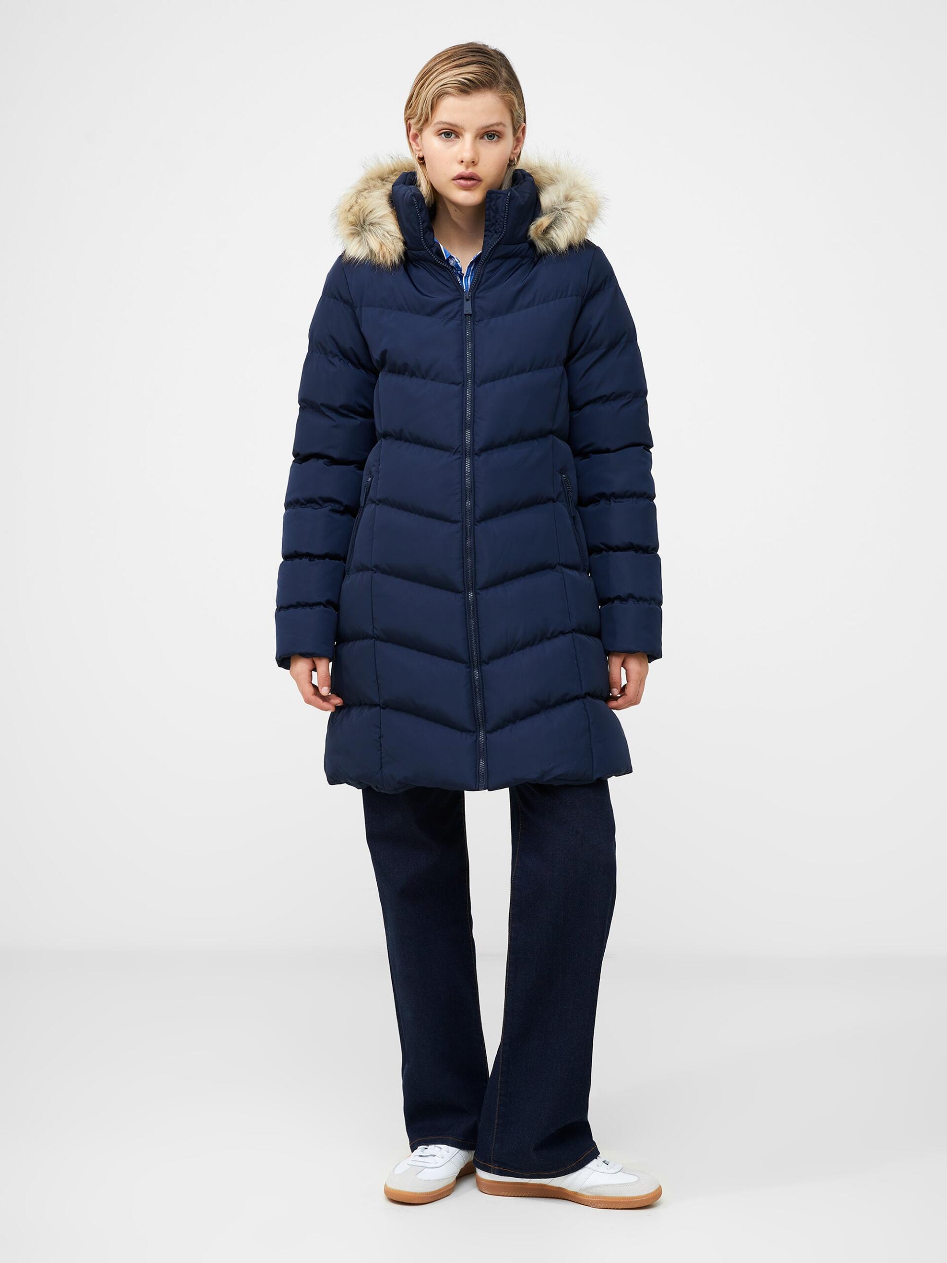 French Connection Faux Fur Hooded Chevron Puffer Coat Dark Navy Rather Saucy