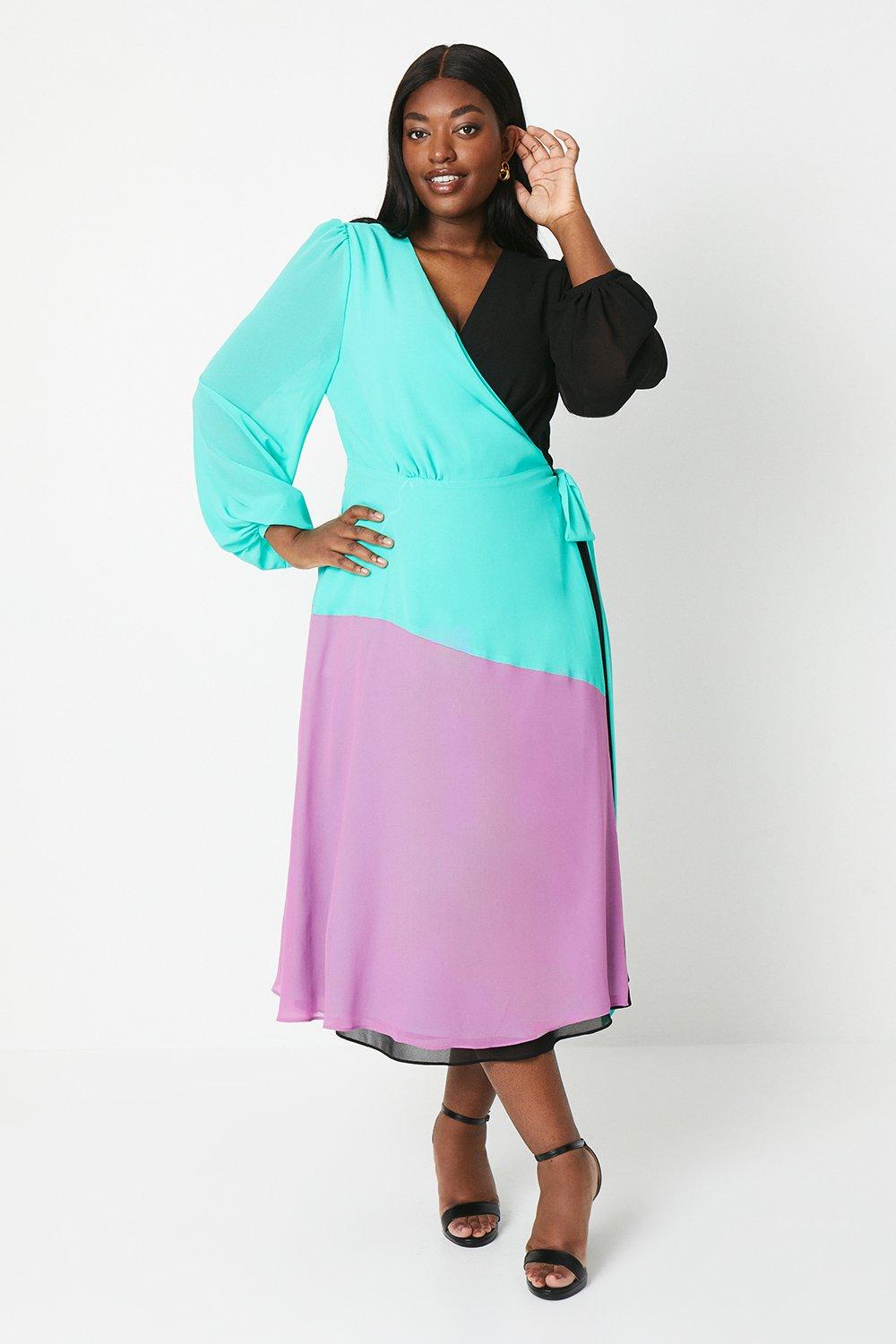 Coast Plus Georgette Long Sleeve Wrap Midi Dress In Colour Block Rather Saucy