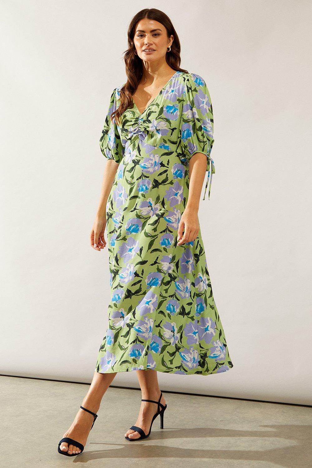 Dorothy Perkins Womens Green Floral Print Ruched Detail Puff Sleeve Midi Dress Rather Saucy