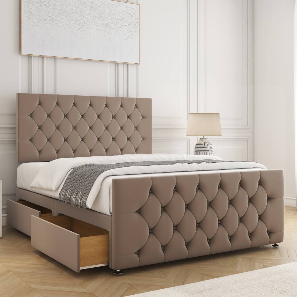 BSSPOKE Maya Plush Velvet Divan Bed 24"Headboard 2Drawers Same Side & Mattress in Bronze | Size: Super King