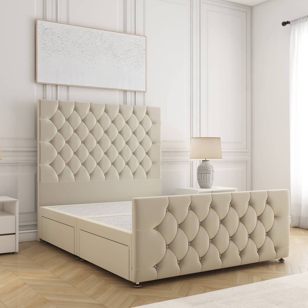 BSSPOKE Maya Velvet Divan Bed 54"Headboard & 2 Drawers Same Side No Mattress in Cream | Size: Small Double